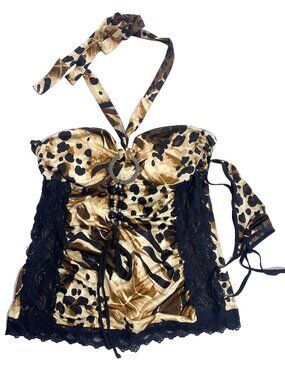 INTIMATE ATTITUDES Leopard Print Halter Babydoll Set 1XL Tan Black Edgy Leopard